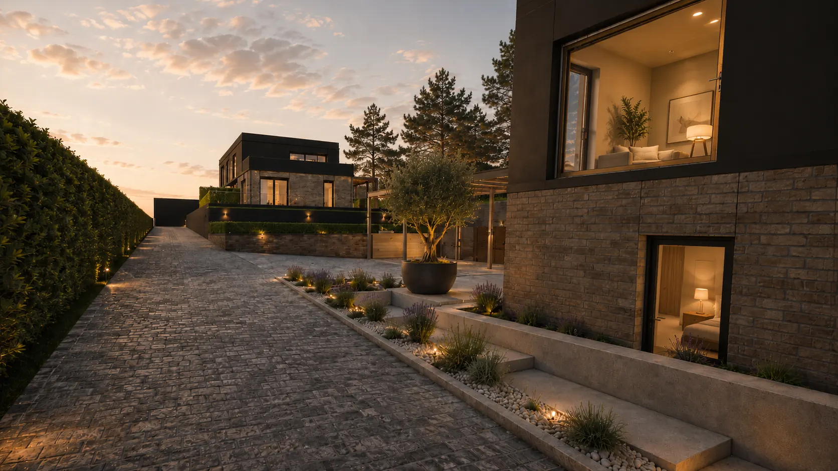 Architektonické řešení projektu Klimkovice Villas zasazené do svažitého terénu