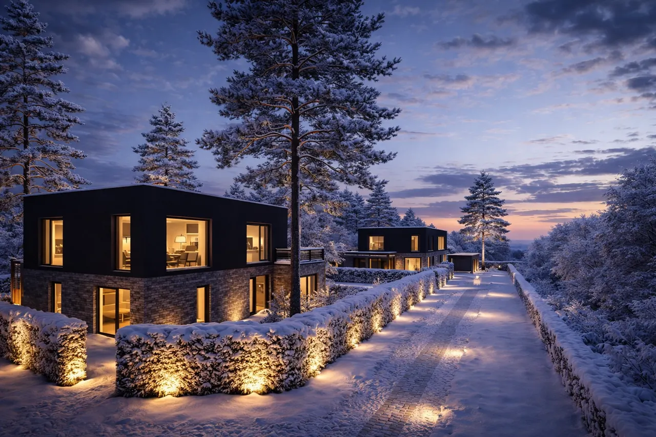 Zimní pohled na dvě komorní vily projektu Klimkovice Villas